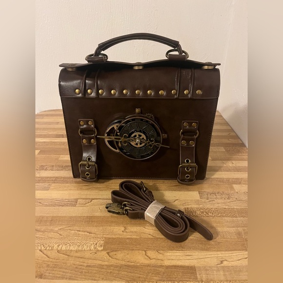 Penny Dreadful Steampunk Clock Brown Faux Leather Studded Buckles Details Bag - Picture 9 of 12